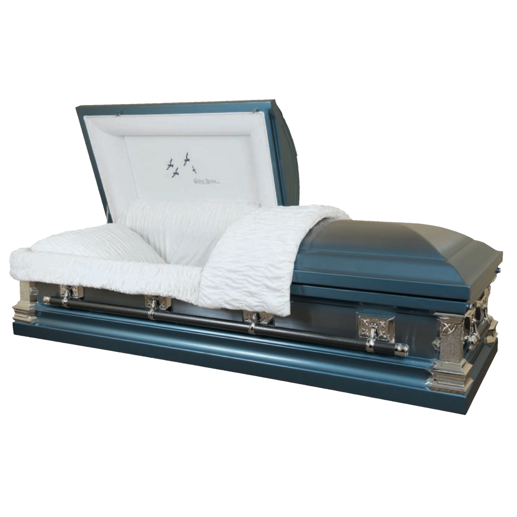 Venus Going Home casket — blue 18-gauge steel with white velvet interior (view 2)