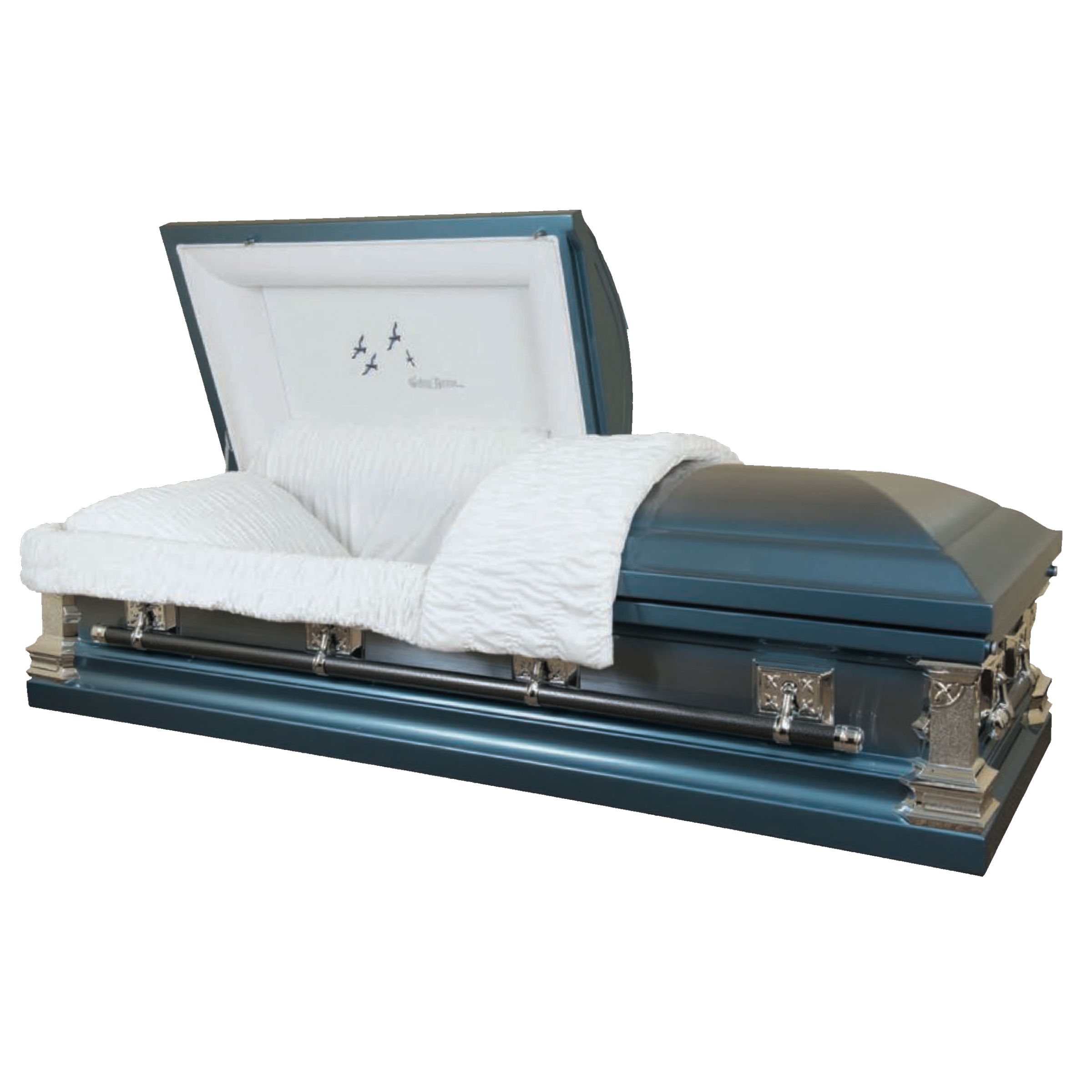 Venus Going Home casket — blue 18-gauge steel with white velvet interior (view 2)