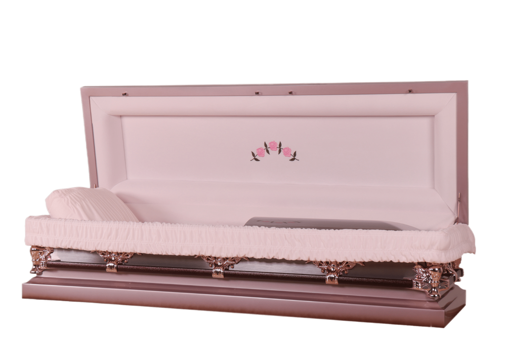 Venus Lilac Full Couch casket — pink 18-gauge steel with pink velvet interior (view 2)
