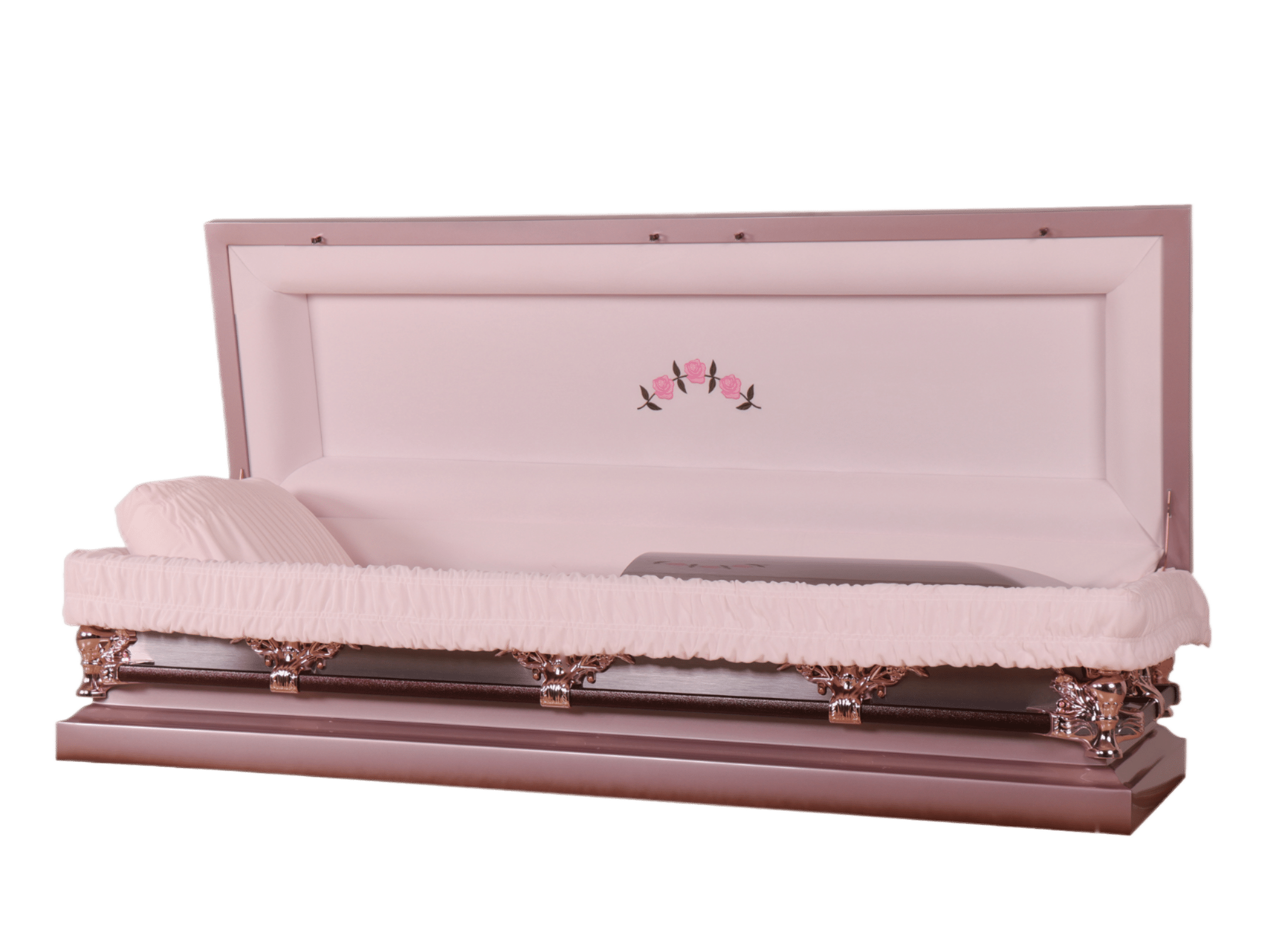 Venus Lilac Full Couch casket — pink 18-gauge steel with pink velvet interior