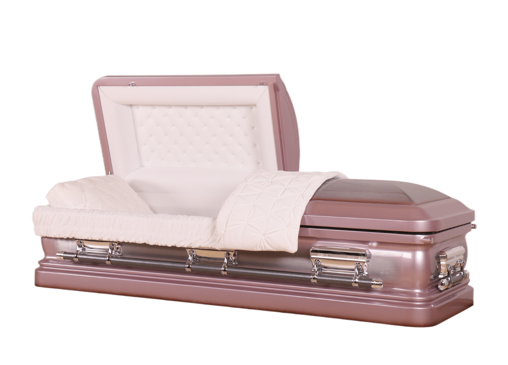 Venus Orchid Rose casket — pink 18-gauge steel with pink velvet interior (view 2)