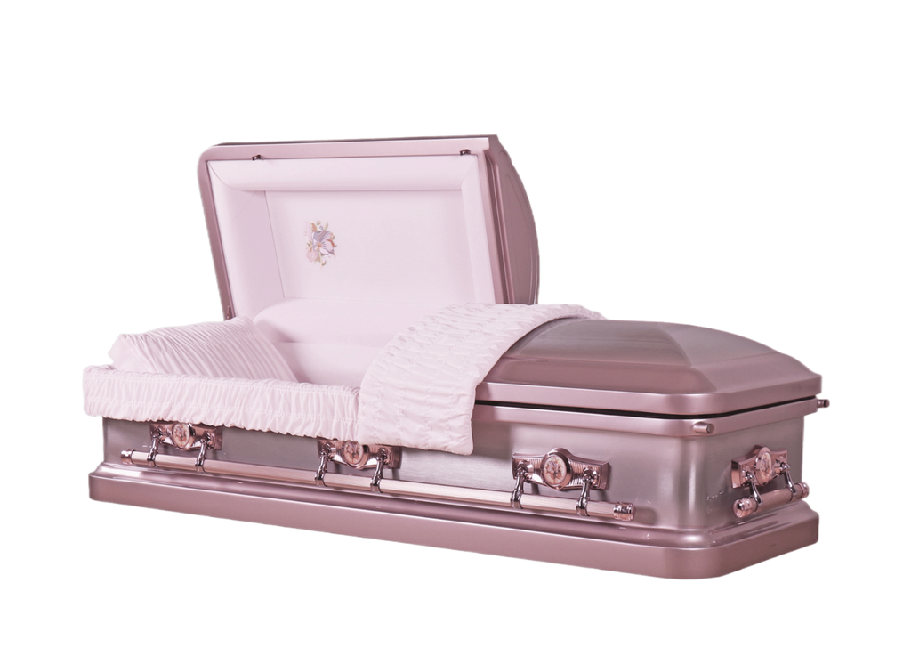 Venus Orchid casket — pink 18-gauge steel with pink velvet interior (view 2)