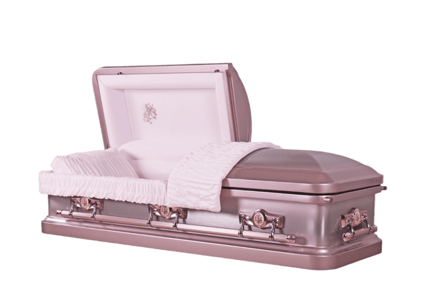 Venus Orchid casket — pink 18-gauge steel with pink velvet interior