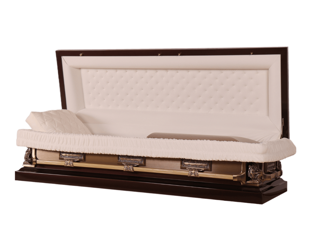 Venus Pieta Full Couch casket — bronze 18-gauge steel with ivory velvet interior