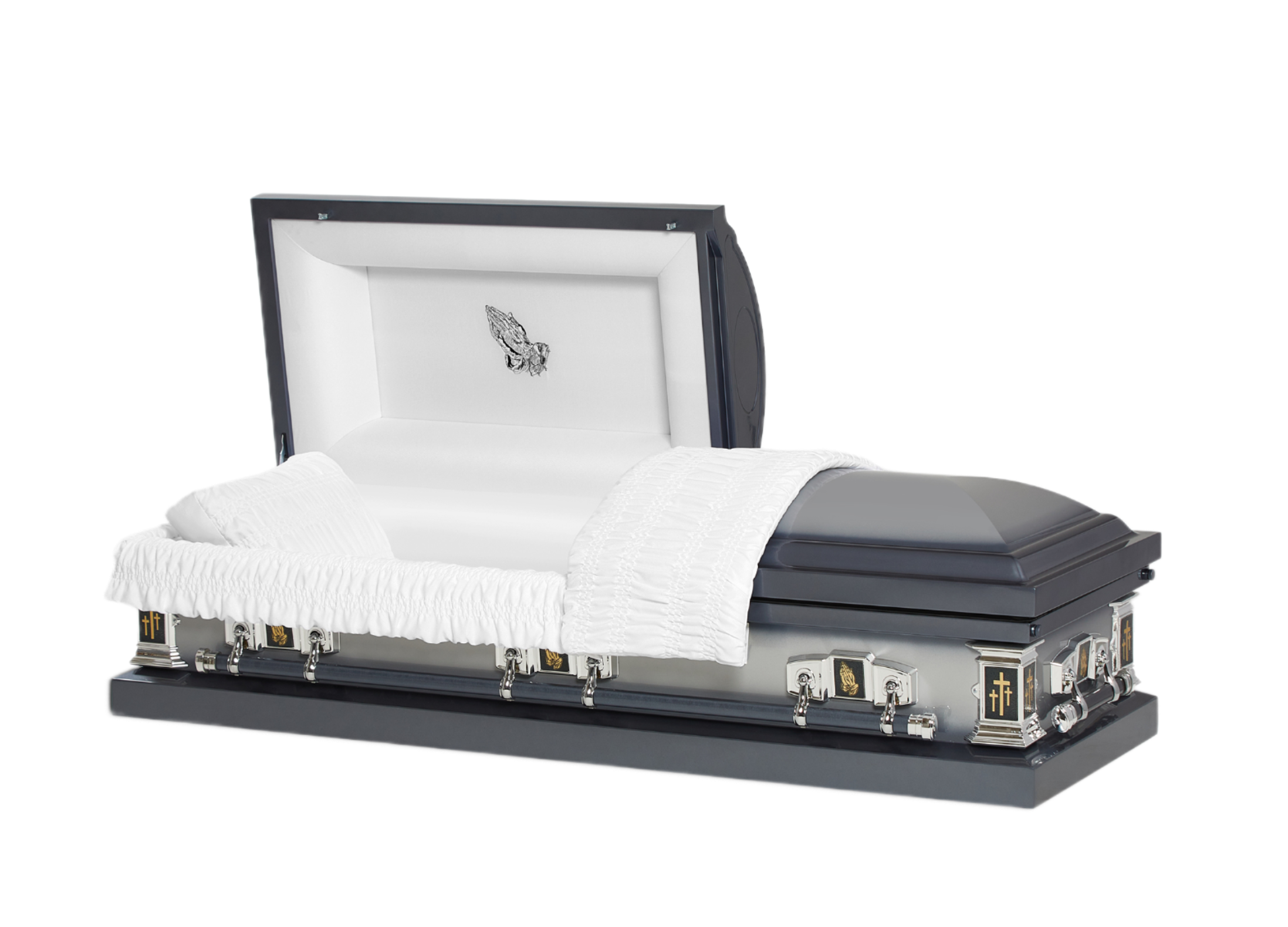 Jupiter Series Blue Cross casket — blue 20-gauge steel with white crepe interior (view 2)