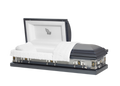Jupiter Series Blue Cross casket — blue 20-gauge steel with white crepe interior