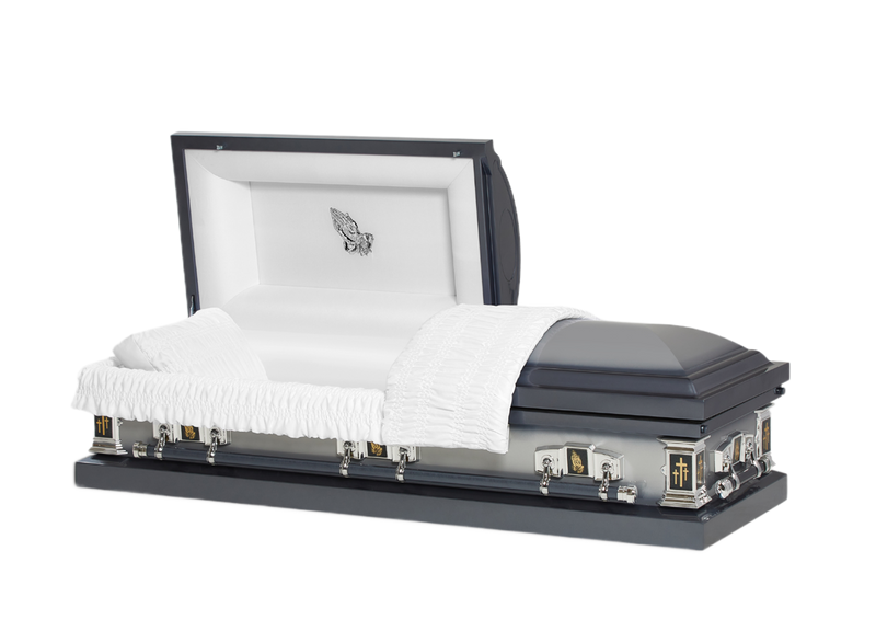 Jupiter Series Blue Cross casket — blue 20-gauge steel with white crepe interior
