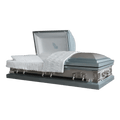 Jupiter Series Blue Mist casket — silver 20-gauge steel with blue crepe interior