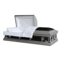 Jupiter Series Ebony casket — silver 20-gauge steel with white crepe interior