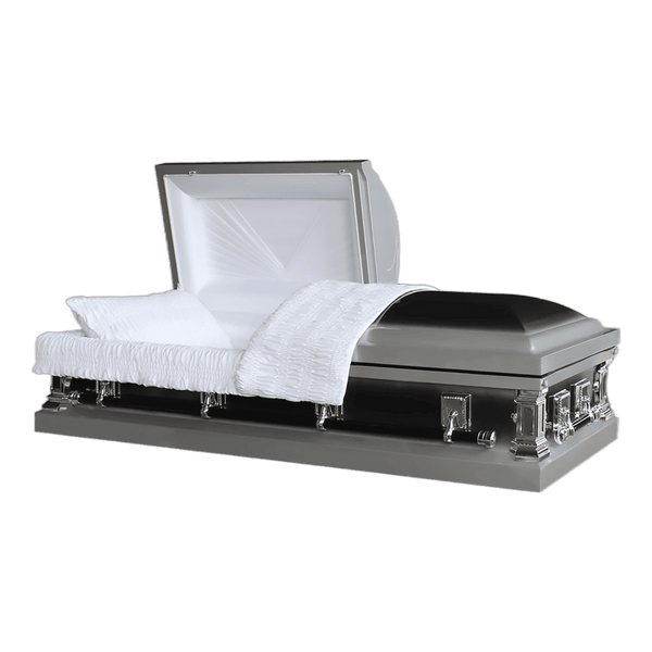 Jupiter Series Ebony casket — silver 20-gauge steel with white crepe interior