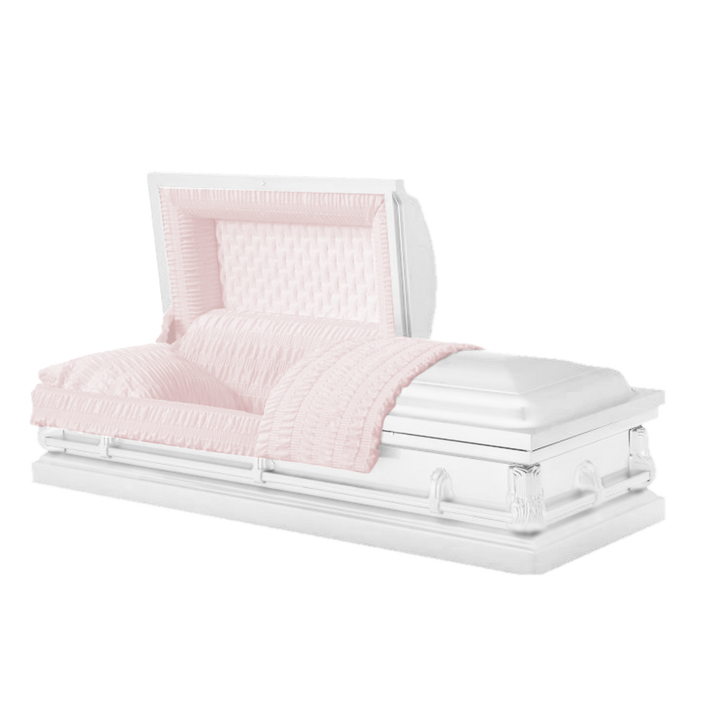 Washington casket — white 20-gauge steel with pink crepe interior (view 2)