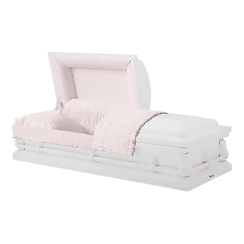 Washington casket — white 20-gauge steel with pink crepe interior