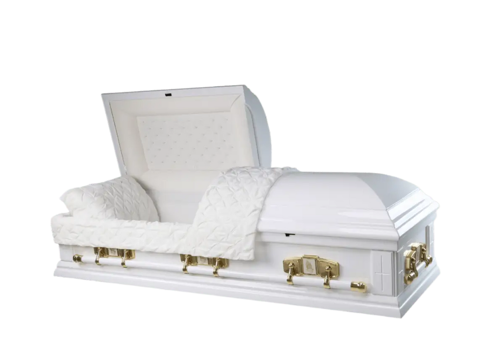 White Cross Wood Casket — solid poplar with white velvet interior