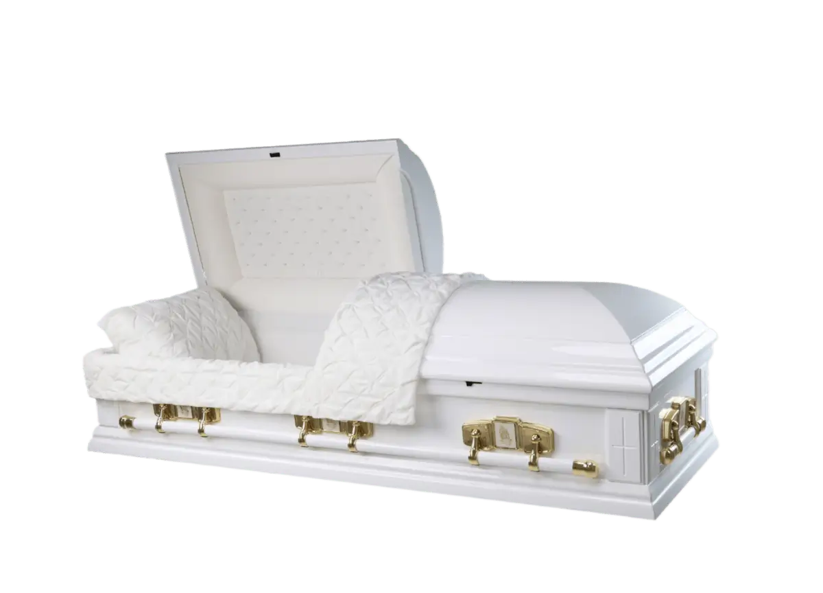 White Cross Wood Casket — solid poplar with white velvet interior