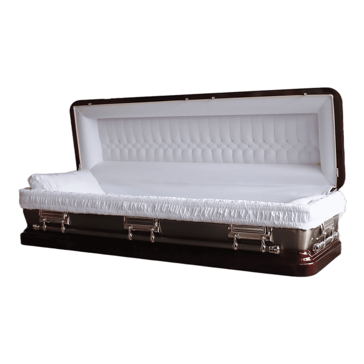 Discount Caskets Series Maroon Full Couch — brown 18-gauge steel with white velvet interior