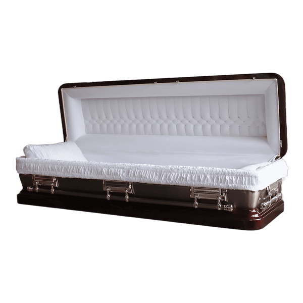 Discount Caskets Series Maroon Full Couch — brown 18-gauge steel with white velvet interior