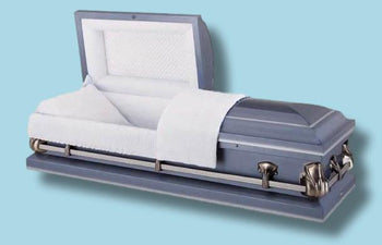 Sterling Blue Metal Casket For Sale with White Velvet Interior