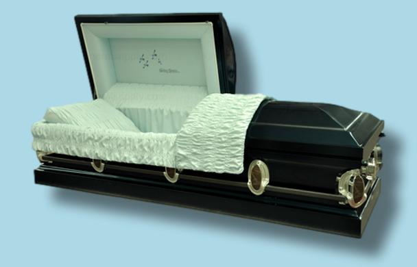 Going Home casket — black 18-gauge steel with white velvet interior (view 3)