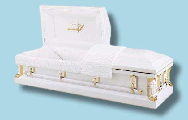 Batesville Gold Cross Casket — white 18-gauge steel with ivory crepe interior (view 3)