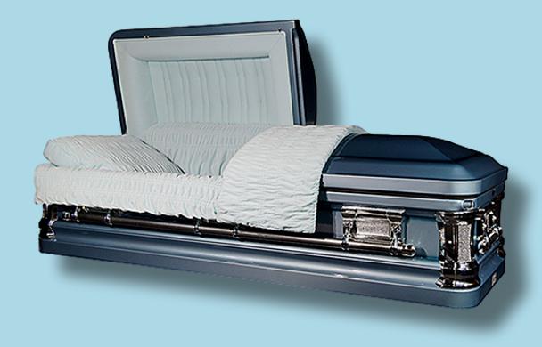Grand Caskets — blue 18-gauge steel with white velvet interior (view 3)
