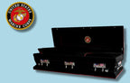 The Hero Black Marine Corps Full Couch casket — black 18-gauge steel with black velvet interior (view 3)