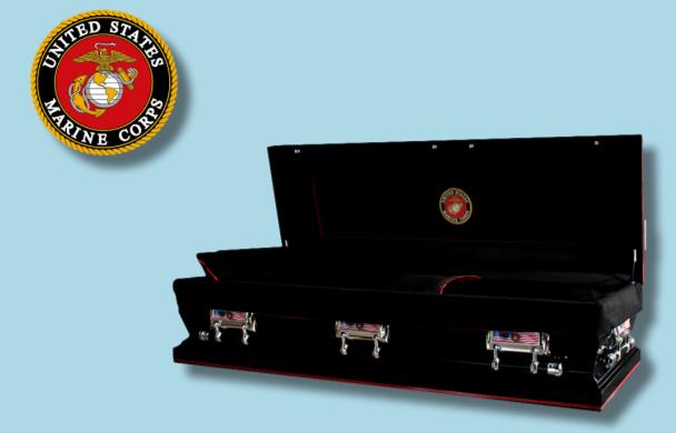 The Hero Black Marine Corps Full Couch casket — black 18-gauge steel with black velvet interior (view 3)