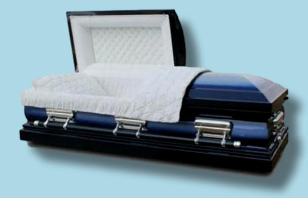 Midnight Blue casket — blue 18-gauge steel with white velvet interior (view 3)