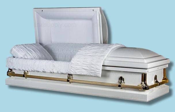 The Forever Series White/Gold casket — white 20-gauge steel with crepe interior (view 2)