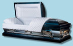 The Monarch Blue Metal Casket — blue 18-gauge steel with velvet interior (view 3)