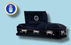 The Hero Airforce casket — navy blue 18-gauge steel with dark blue velvet interior (view 3)