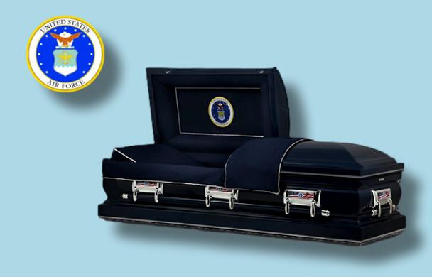 The Hero Airforce casket — navy blue 18-gauge steel with dark blue velvet interior (view 3)