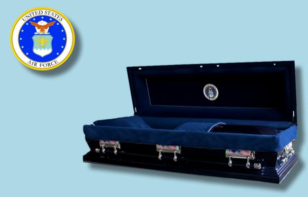 The Hero Airforce Full Couch casket — navy blue 18-gauge steel with dark blue velvet interior (view 3)