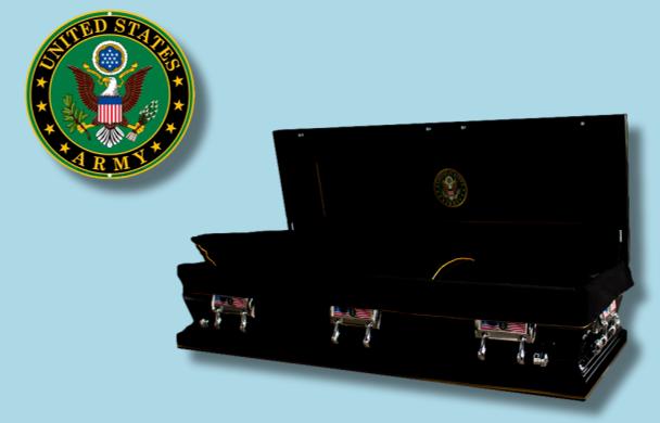 The Hero Army Full Couch Casket — black 18-gauge steel with black velvet interior (view 3)