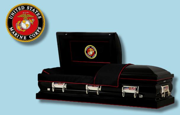 The Hero Black Marine Corps casket — black 18-gauge steel with black velvet interior (view 3)