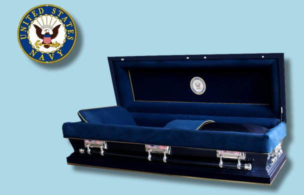 The Hero Neo Navy Full Couch casket — blue 18-gauge steel with blue velvet interior (view 3)