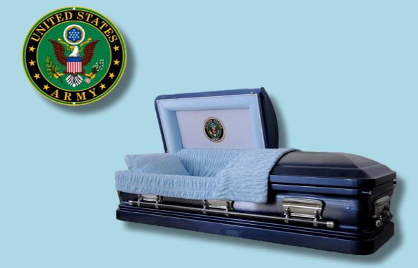 The Hero UC Blue Army casket — blue 18-gauge steel with blue velvet interior (view 3)