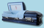 The Hero UC Blue Flag casket — blue 18-gauge steel with blue velvet interior (view 3)
