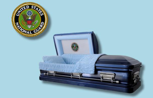The Hero UC Blue National Guard casket — blue 18-gauge steel with blue velvet interior (view 3)