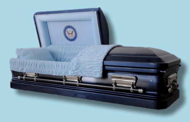The Hero UC Blue Navy casket — blue 18-gauge steel with blue velvet interior (view 3)