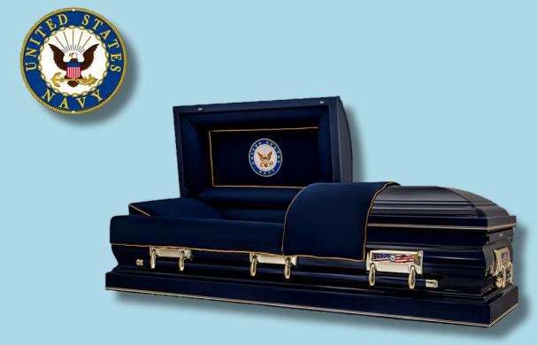 The Hero Neo Navy casket — blue 18-gauge steel with blue velvet interior (view 3)