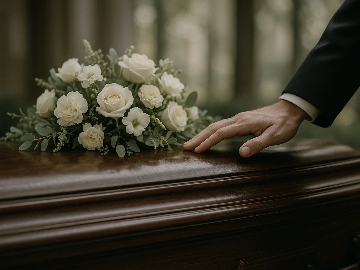 Man Touching A Black Casket With Flowers